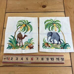 Camel & Elephant Tropical Palm Tree Completed Cross Stitch Embroidery Set of 2